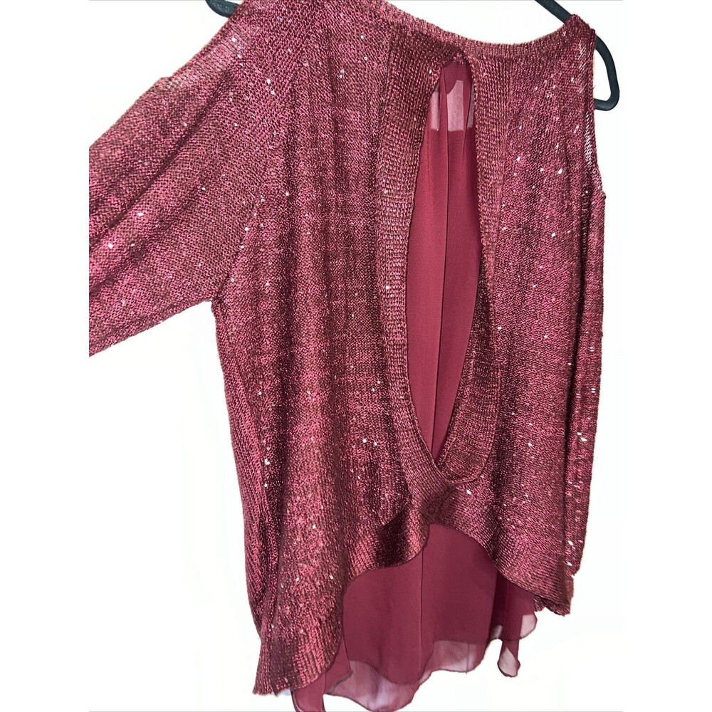 Jessica Simpson Burgundy Sparkle Lined Knit Sweater Tearose Layered Cutout XL - Picture 11 of 13